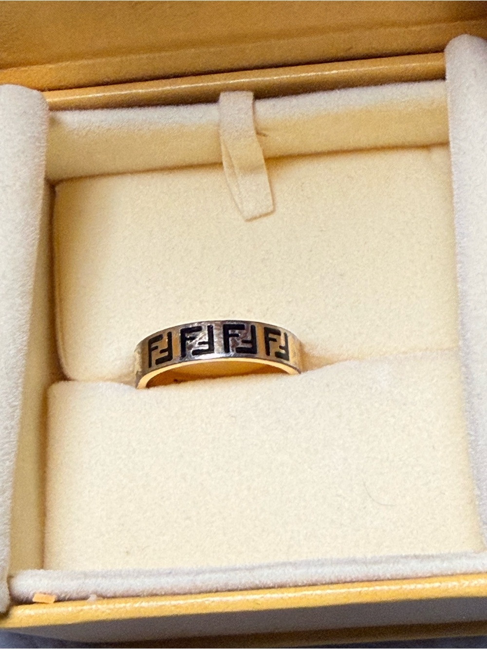 Forever Fendi Gold-Tone Ring with Black FF Motif